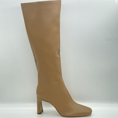 Beige Leather Knee-High Boot with Block Heel