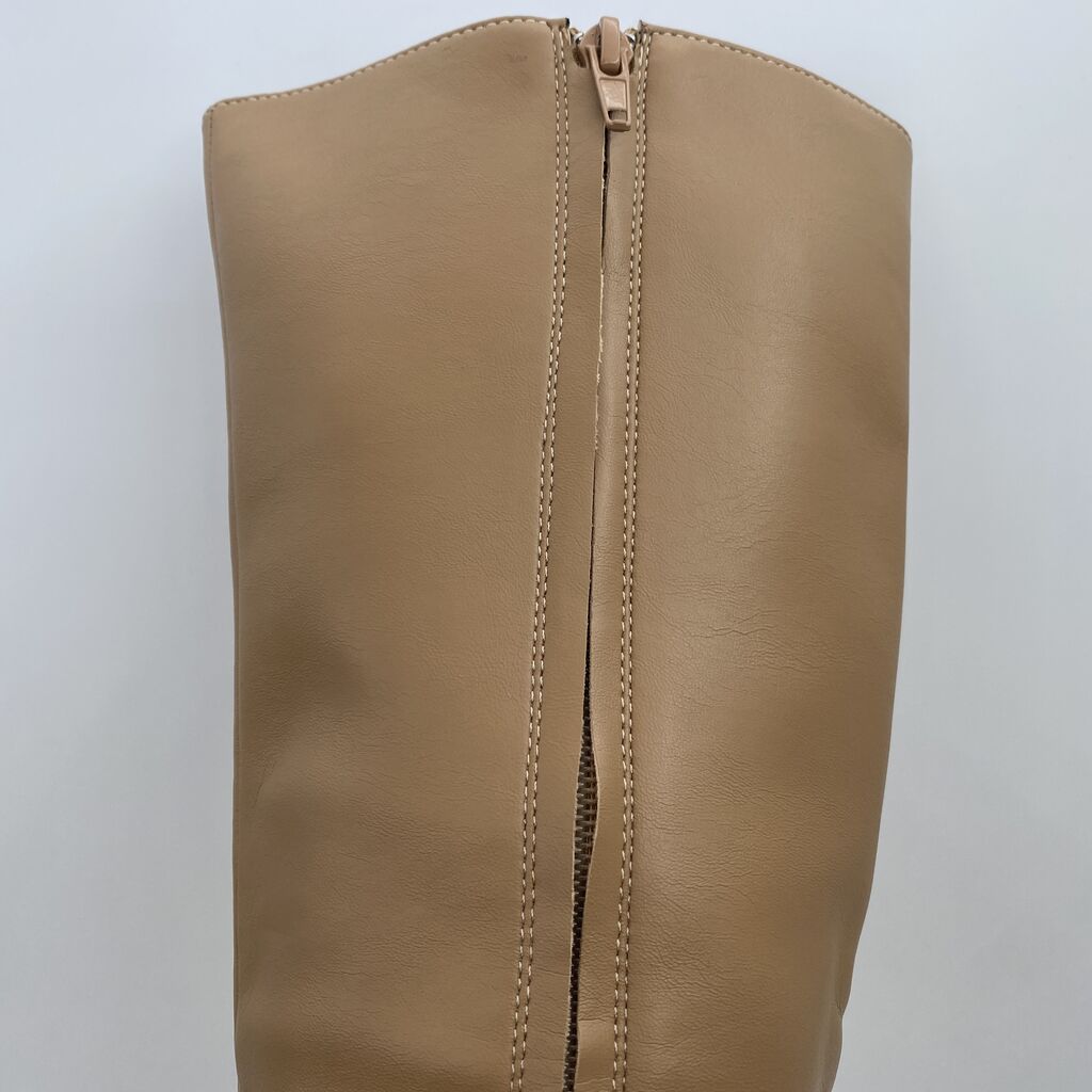 Beige Leather Knee-High Boot with Block Heel