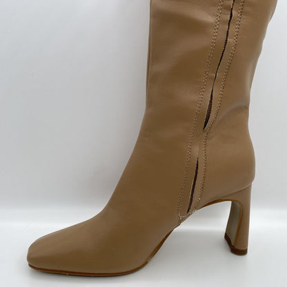 Beige Leather Knee-High Boot with Block Heel
