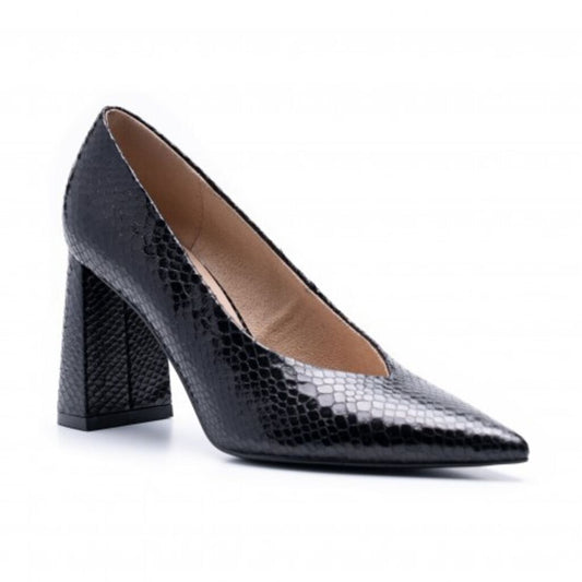 Black Embossed Leather Pumps with Block Heel