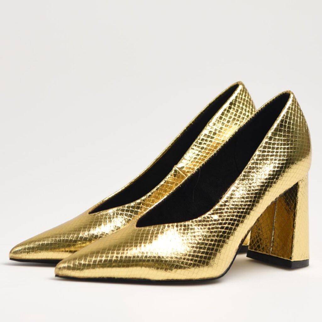 Gold Textured Block Heel Pump