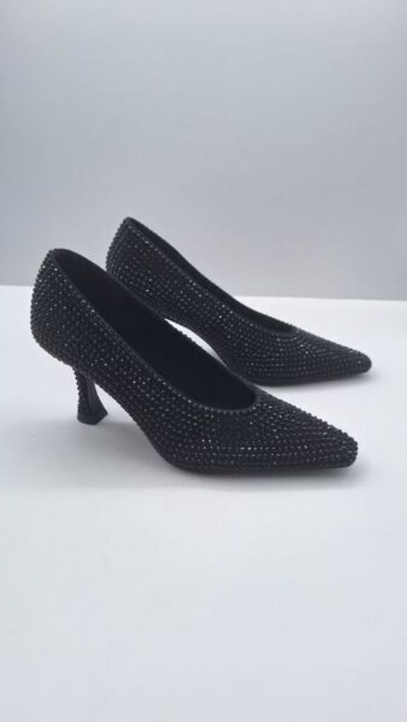 Black Embellished Pumps with Curved Heels