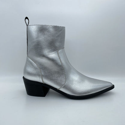 Silver Textured Ankle Boots with Block Heel
