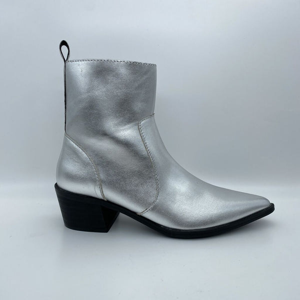 Silver Textured Ankle Boots with Block Heel