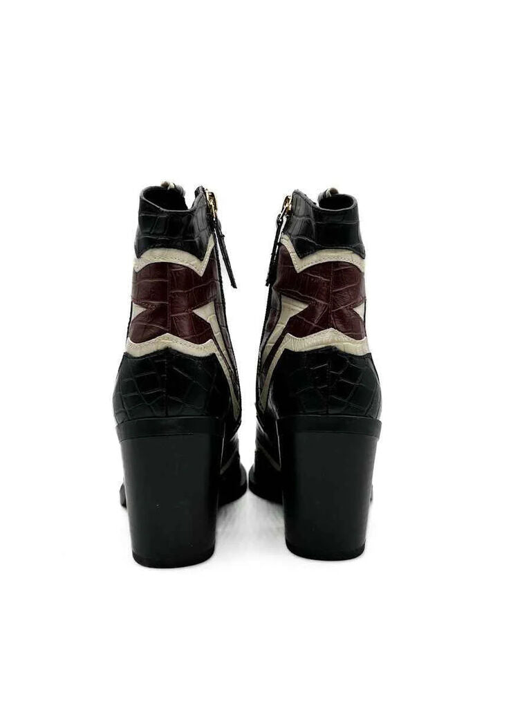 Black Embossed Ankle Boots with Heel and Abstract Design