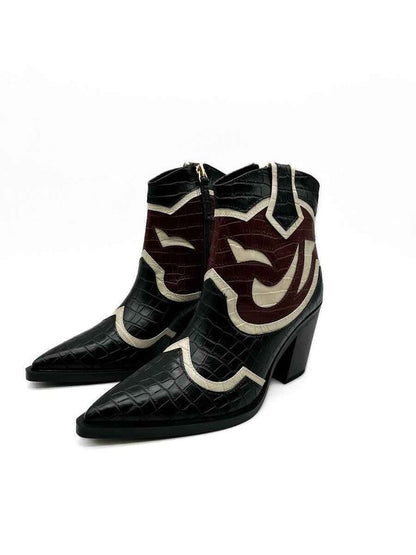 Black Embossed Ankle Boots with Heel and Abstract Design