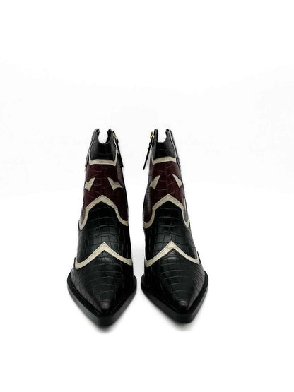 Black Embossed Ankle Boots with Heel and Abstract Design