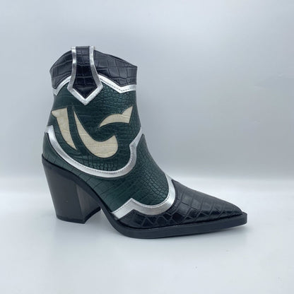 Green Embossed Ankle Boot with Silver Accents