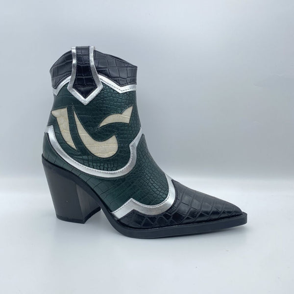 Green Embossed Ankle Boot with Silver Accents