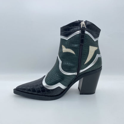 Green Embossed Ankle Boot with Silver Accents