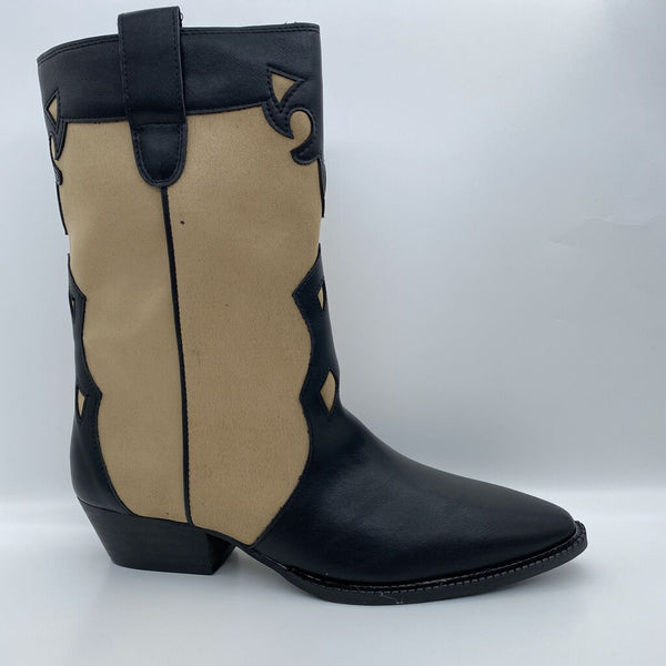 Black and Beige Western-Inspired Ankle Boot