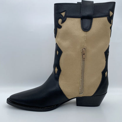 Black and Beige Western-Inspired Ankle Boot