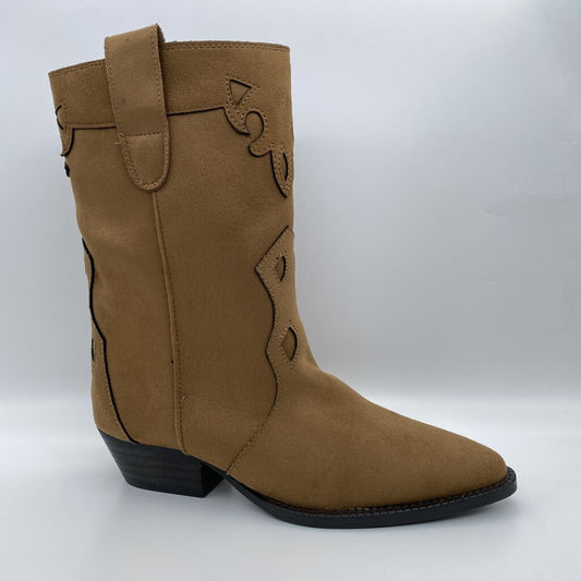 Tan Western-Inspired Embellished Mid-Calf Boots