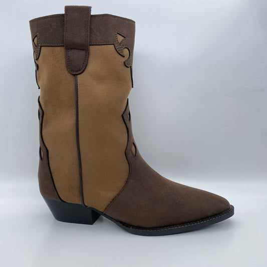 Brown Western-Style Mid-Calf Boots with Cutout Detail