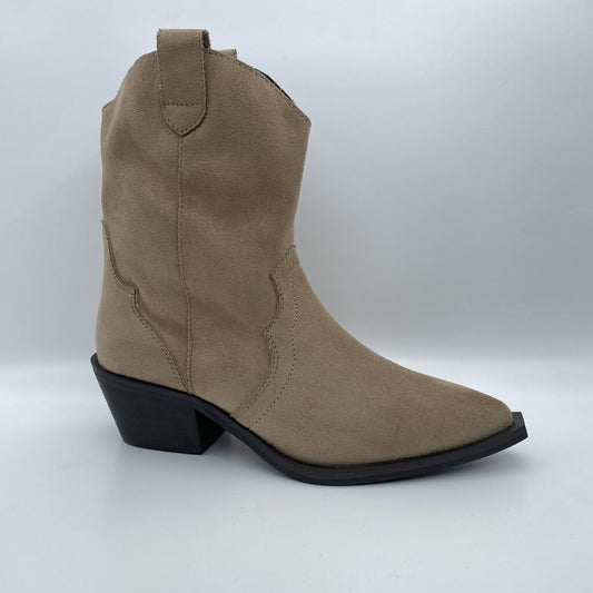 Taupe Suede Western Ankle Boot with Low Heel