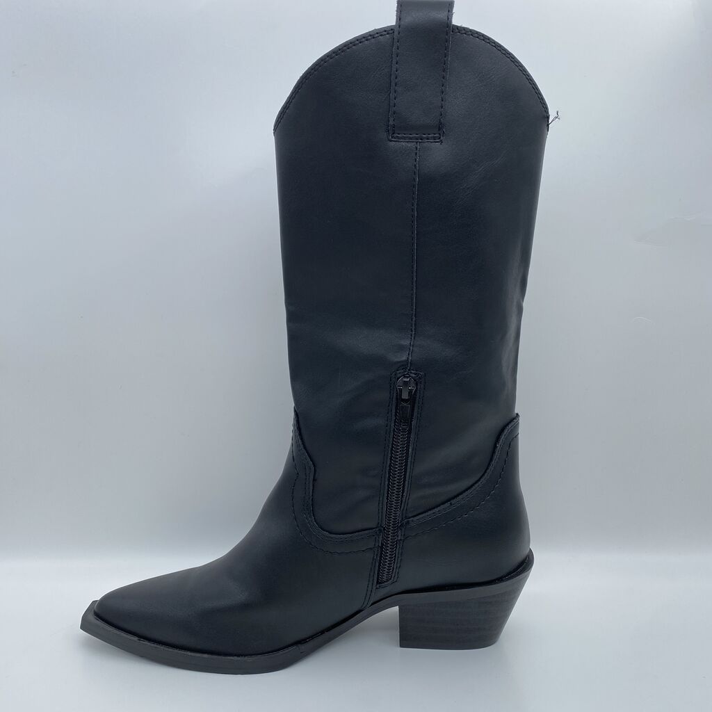 Black Leather Western Boots with Stacked Heel