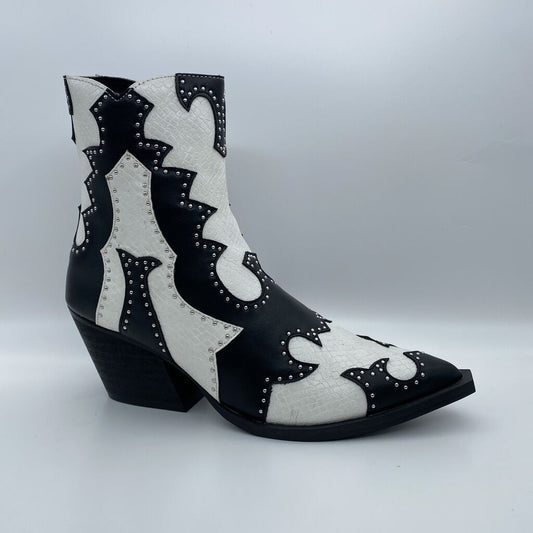 Black and White Studded Patent Ankle Boot