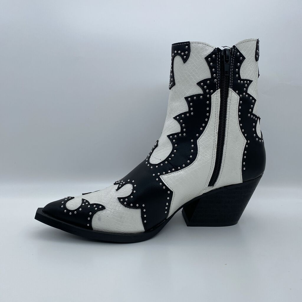 Black and White Studded Patent Ankle Boot