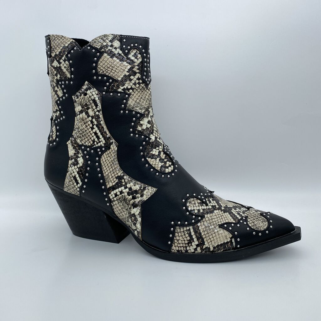Black and Snake Print Ankle Boot with Studded Detail