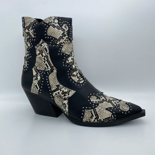 Black and Snake Print Ankle Boot with Studded Detail