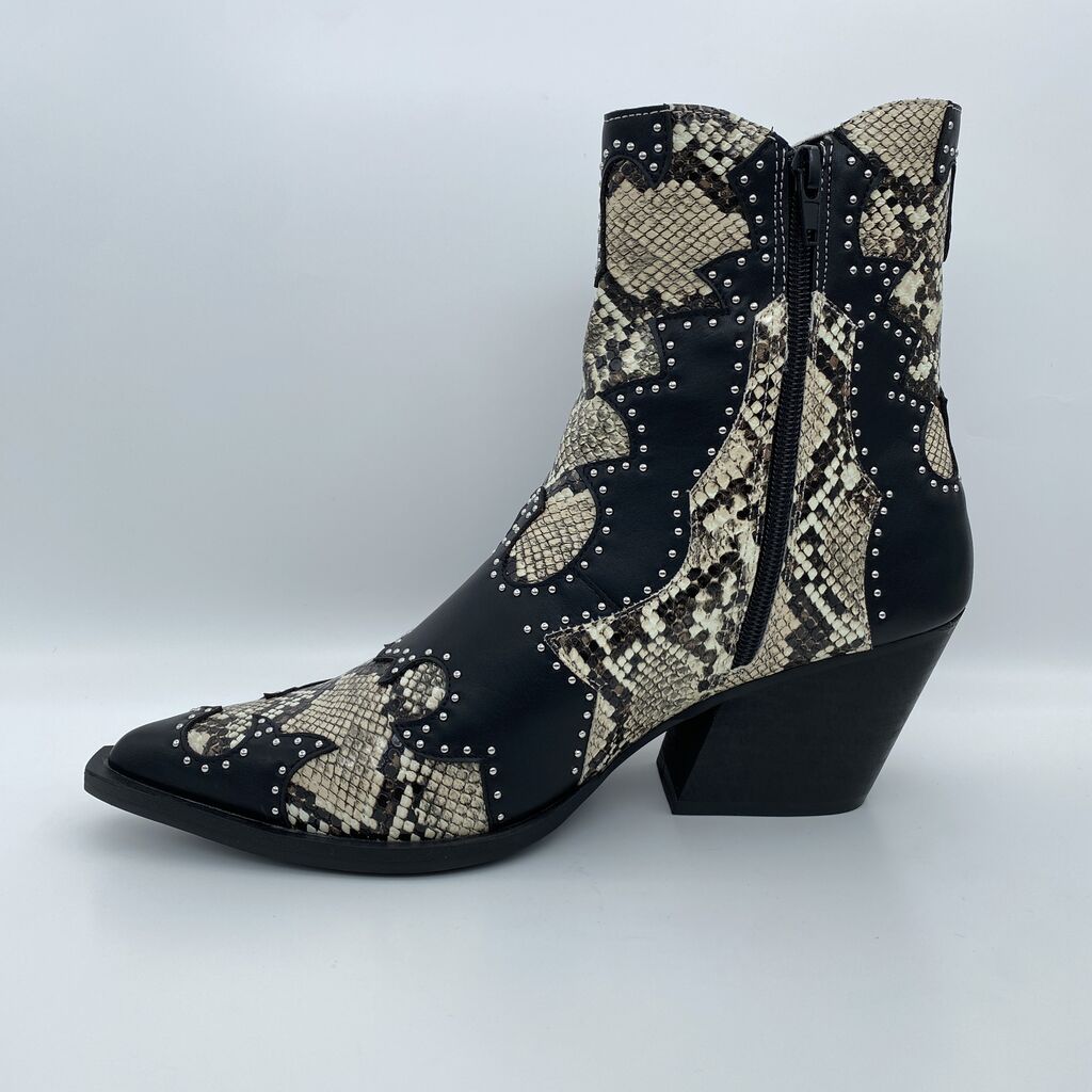 Black and Snake Print Ankle Boot with Studded Detail