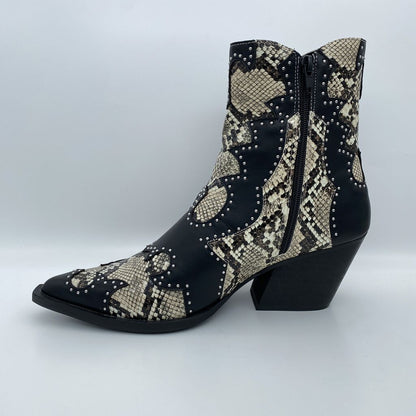 Black and Snake Print Ankle Boot with Studded Detail