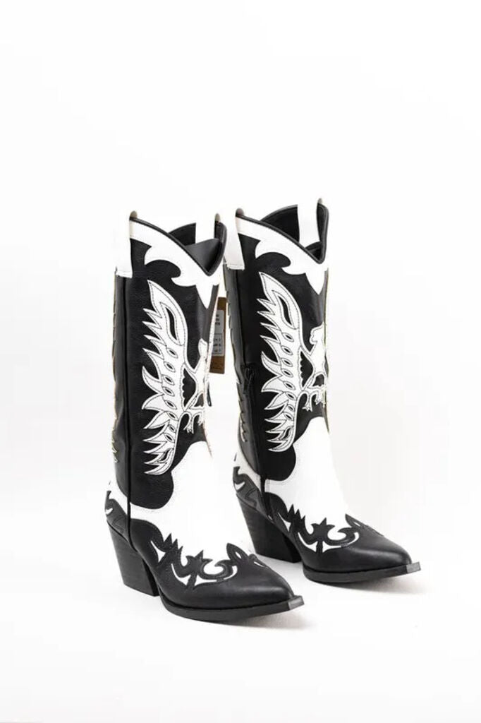 Black and White Cowboy Boots with Embroidered Detail