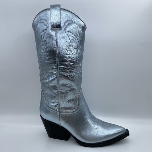 Silver Embossed Leather Western Boots