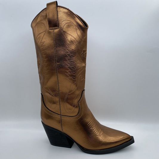 Bronze Metallic Cowboy Boot with Embroidered Detail