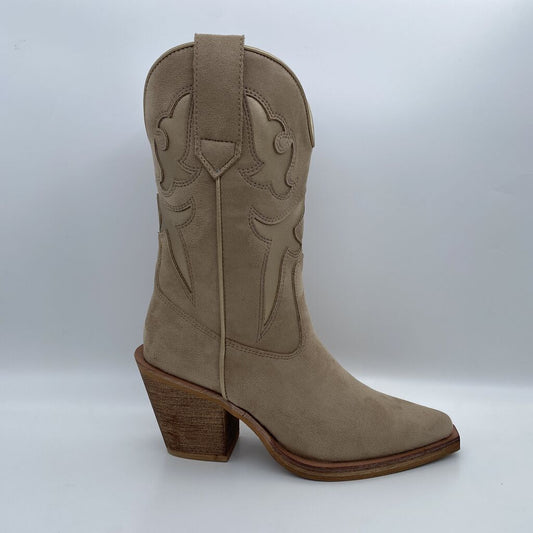 Beige Suede Western Boots with Stacked Heel