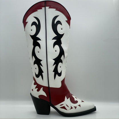 Red and White Leather Cowboy Boots with Cutout Design