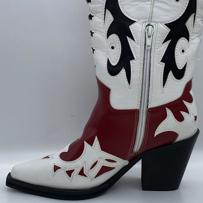 Red and White Leather Cowboy Boots with Cutout Design