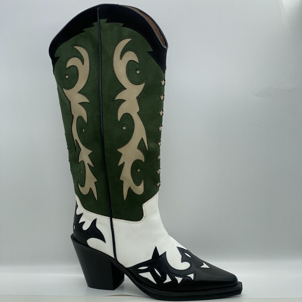 Green Suede Cowboy Boots with Intricate Overlay