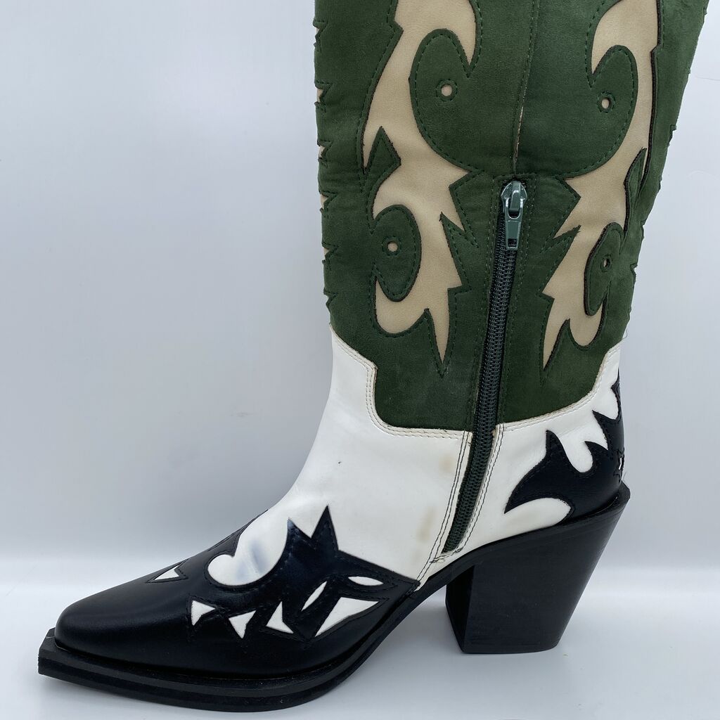Green Suede Cowboy Boots with Intricate Overlay