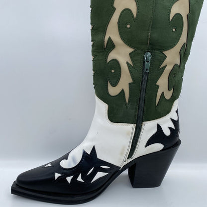 Green Suede Cowboy Boots with Intricate Overlay