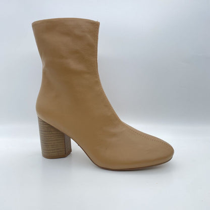 Camel Leather Block-Heeled Ankle Boots