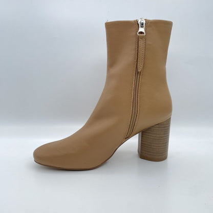 Camel Leather Block-Heeled Ankle Boots