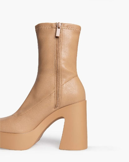 Beige Vegan Leather Platform Ankle Boots