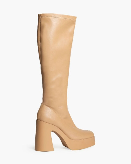 Tan Leather Knee-High Platform Boots
