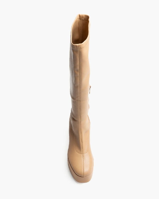 Tan Leather Knee-High Platform Boots