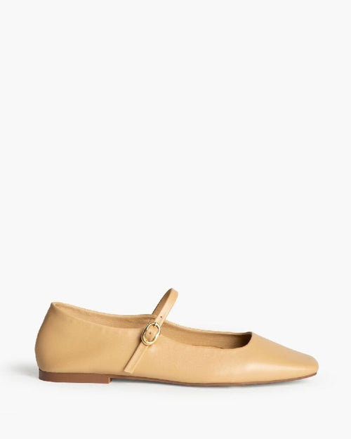 Beige Leather Mary Jane Flats with Buckle Strap