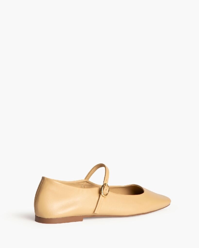 Beige Leather Mary Jane Flats with Buckle Strap