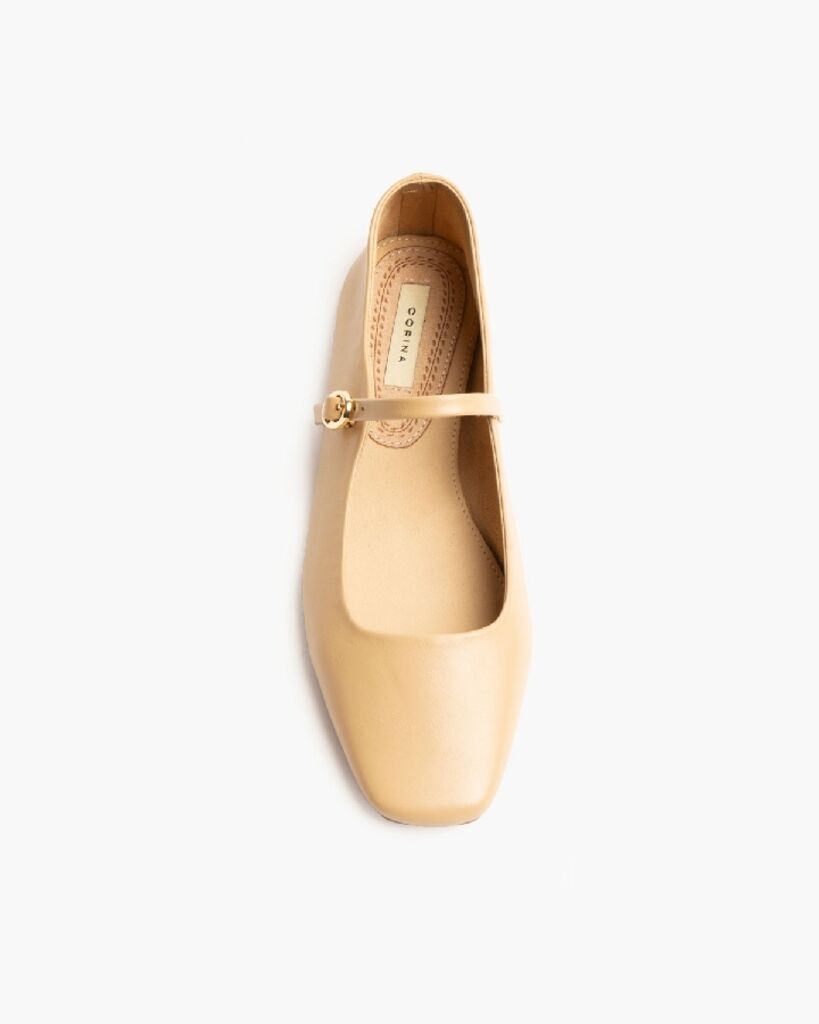 Beige Leather Mary Jane Flats with Buckle Strap