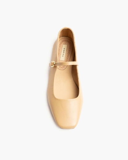 Beige Leather Mary Jane Flats with Buckle Strap