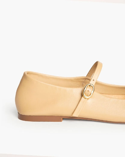 Beige Leather Mary Jane Flats with Buckle Strap