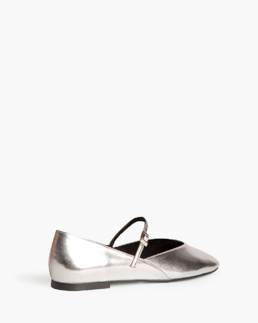 Silver Metallic Mary Jane Flats with Buckle Strap