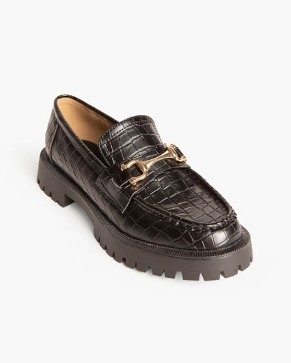 Black Croc-Embossed Loafers with Chunky Sole