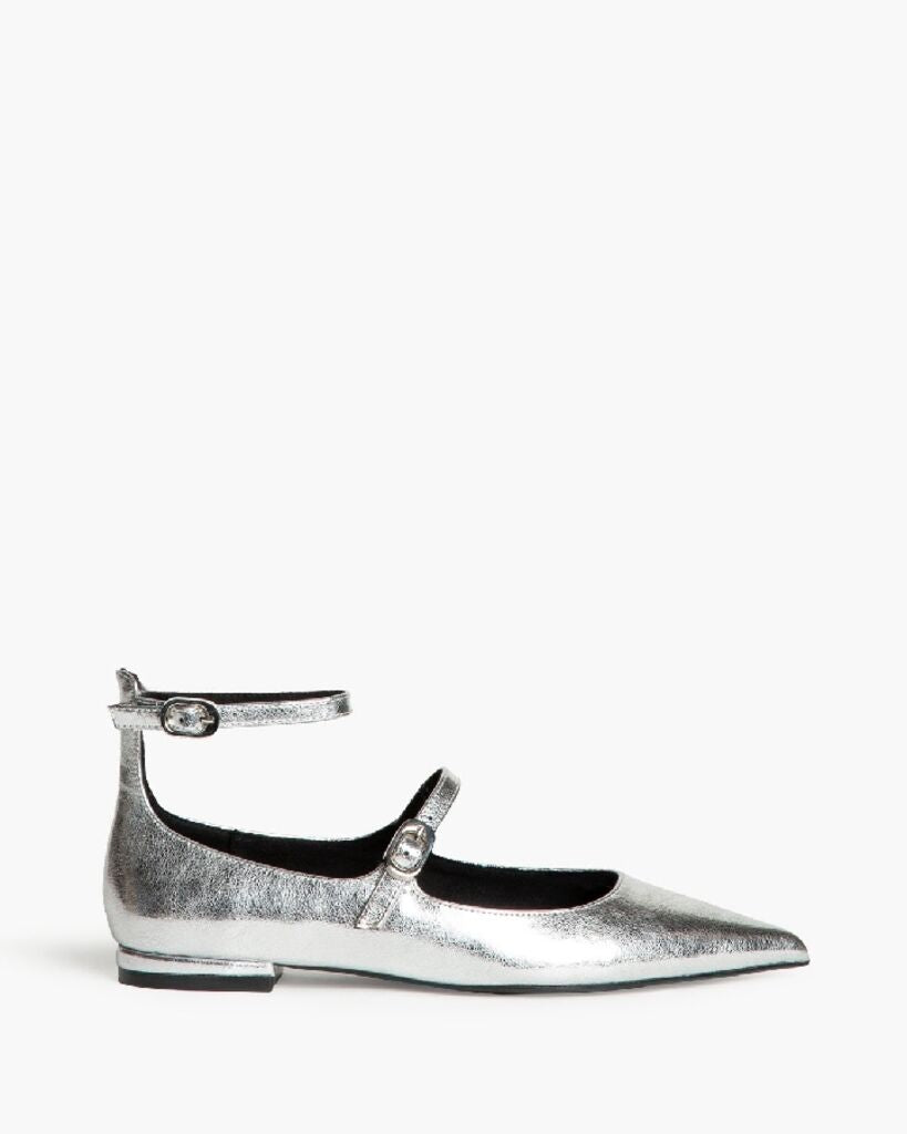 Silver Metallic Mary Jane Flats with Strap