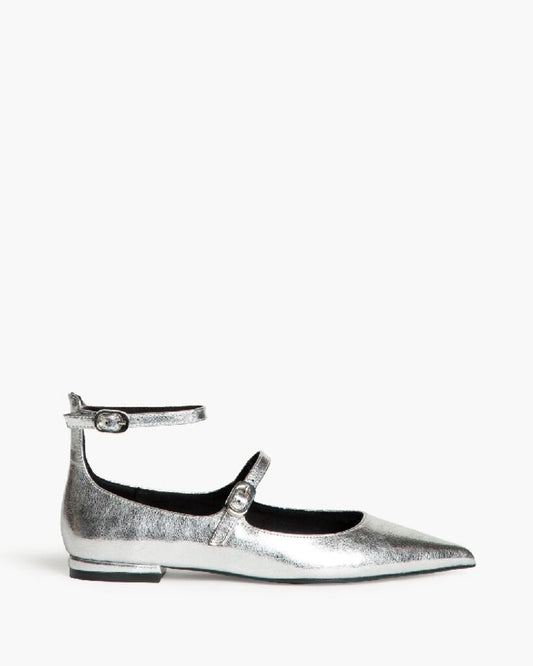 Silver Metallic Mary Jane Flats with Strap