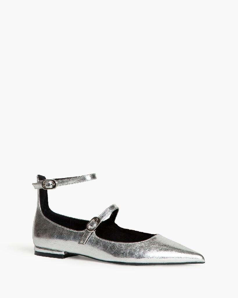 Silver Metallic Mary Jane Flats with Strap
